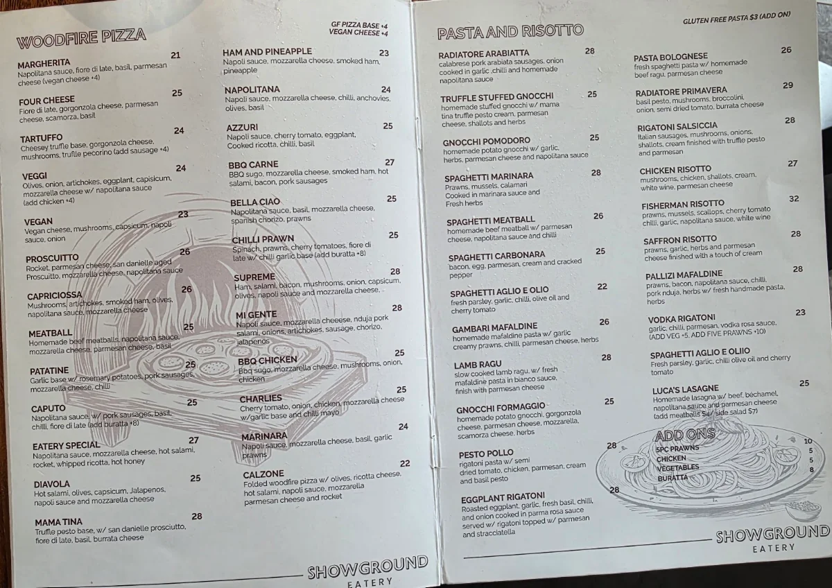 Menu, Showground Eatery