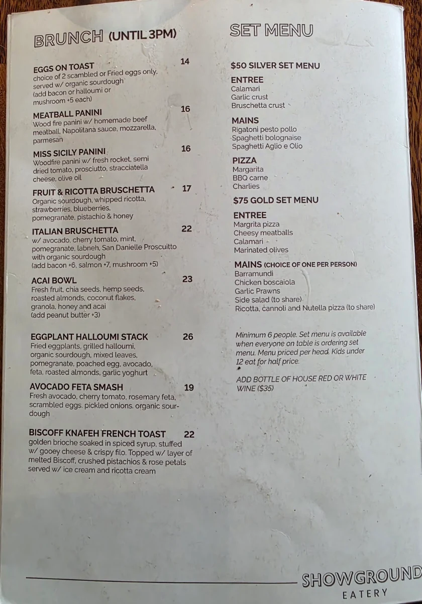 Menu, Showground Eatery