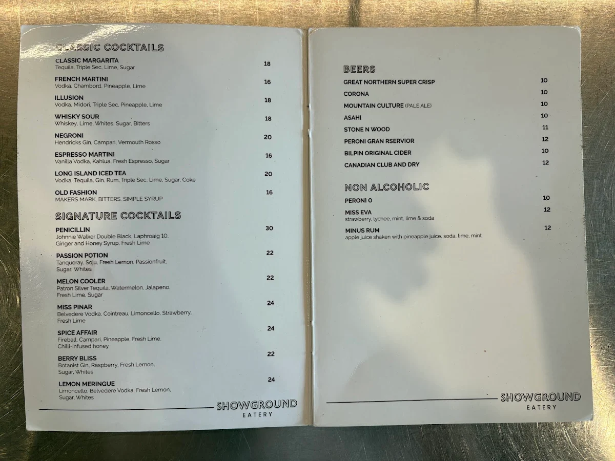 Menu, Showground Eatery