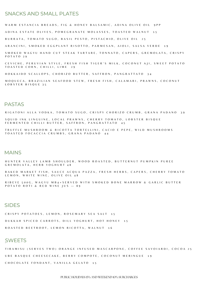 Menu, Estancia Adina Italian cuisine