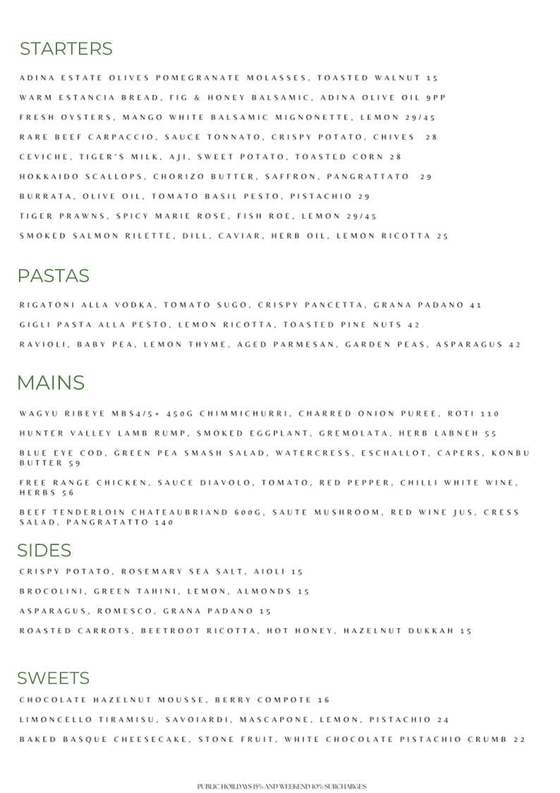 Menu, Estancia Adina Italian cuisine