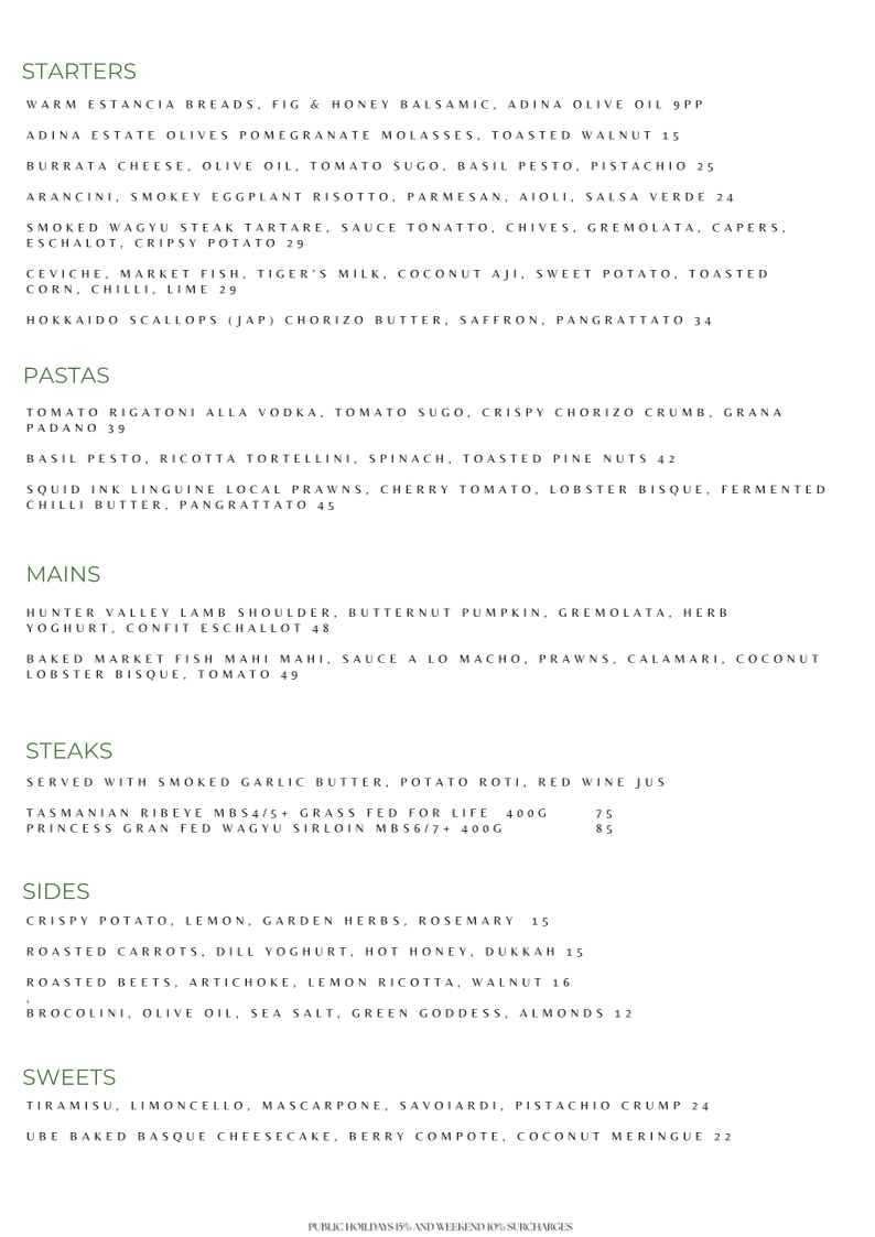 Menu, Estancia Adina Italian cuisine