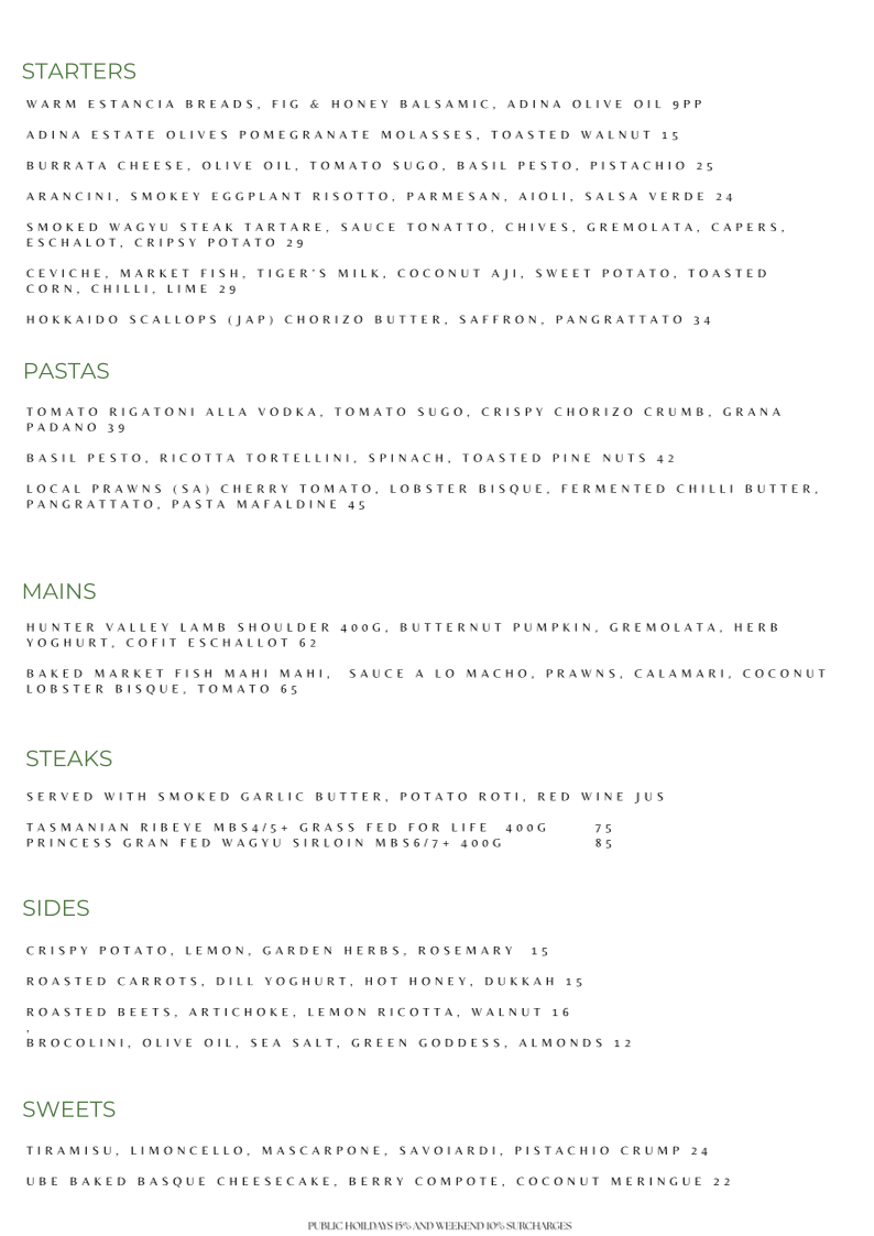 Menu, Estancia Adina Italian cuisine
