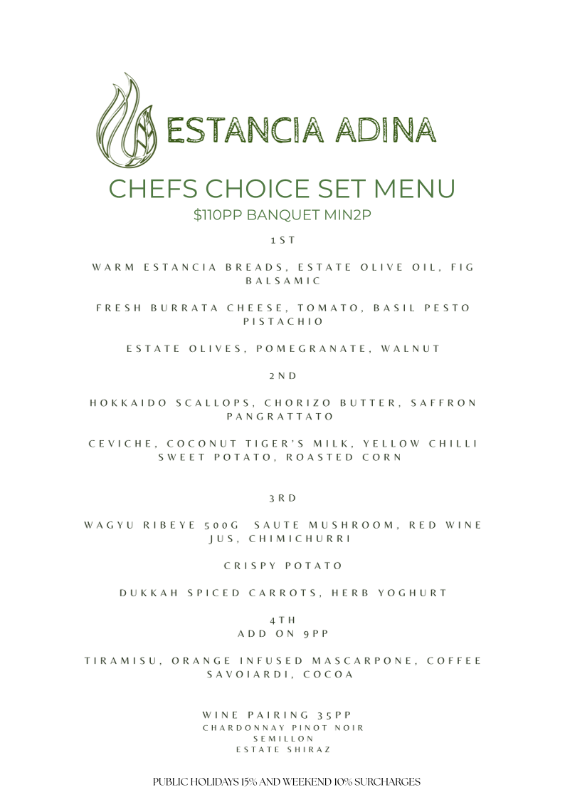 Menu, Estancia Adina Italian cuisine