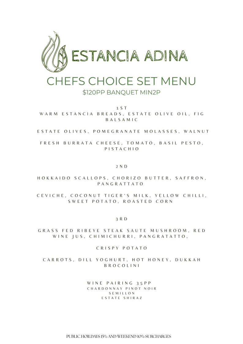 Menu, Estancia Adina Italian cuisine