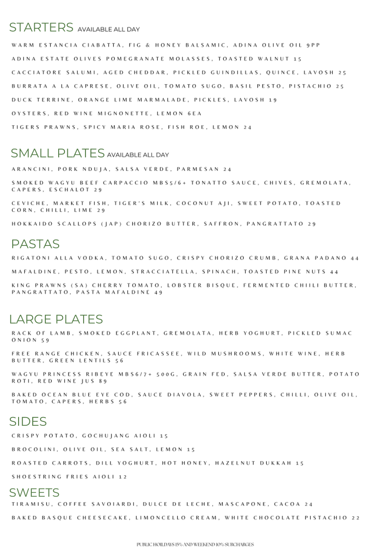 Menu, Estancia Adina Italian cuisine