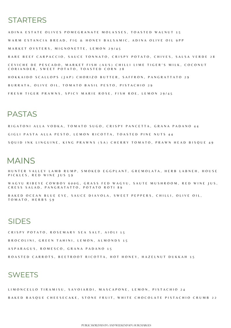 Menu, Estancia Adina Italian cuisine