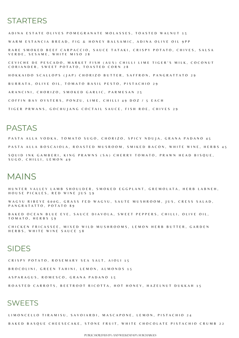 Menu, Estancia Adina Italian cuisine