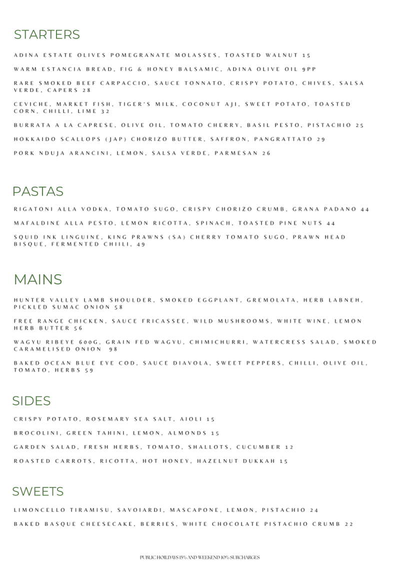 Menu, Estancia Adina Italian cuisine