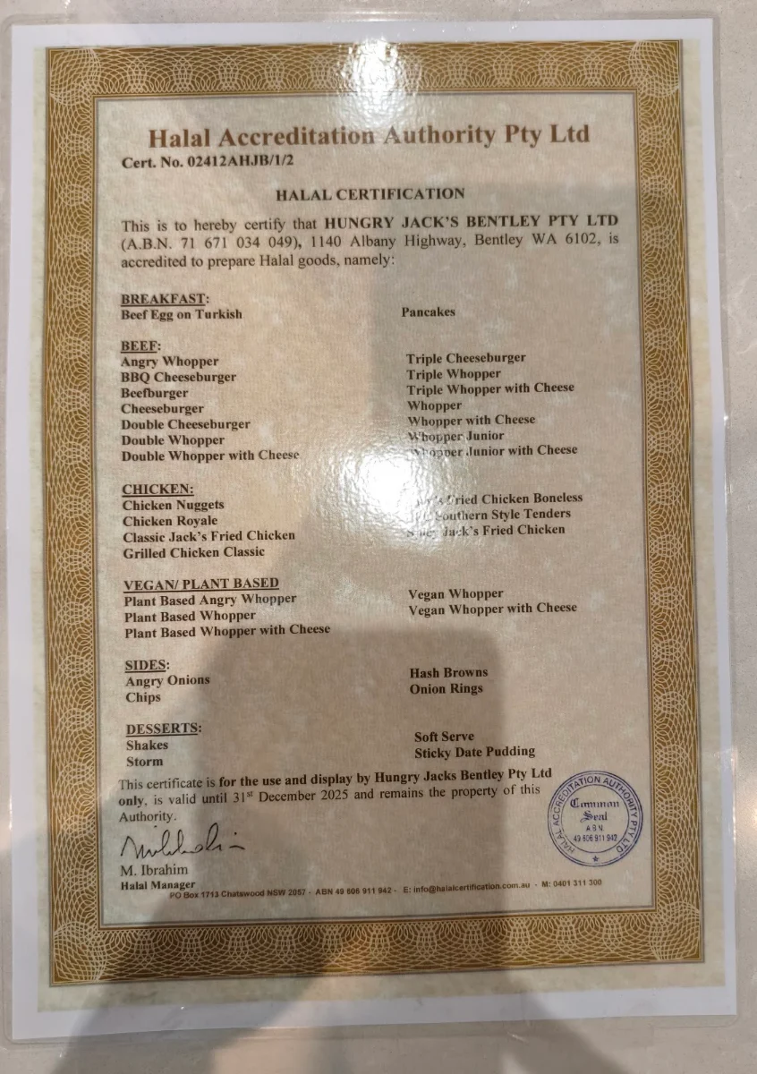 Menu, Hungry Jack's Burgers Bentley
