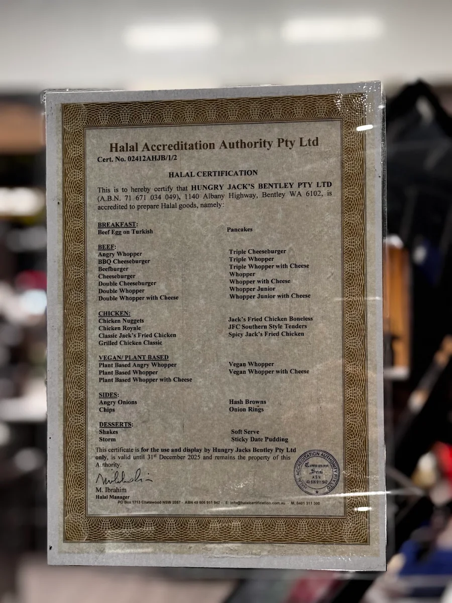 Menu, Hungry Jack's Burgers Bentley