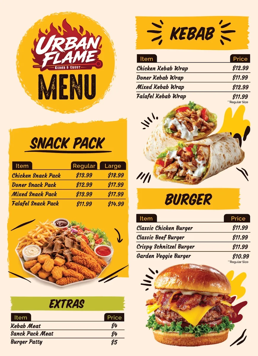 Menu, Urban Flame Kebab & Crust