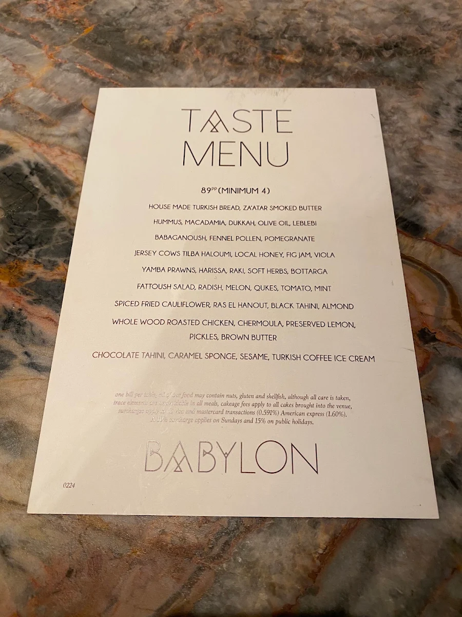 Menu, Babylon Rooftop & Garden Bar