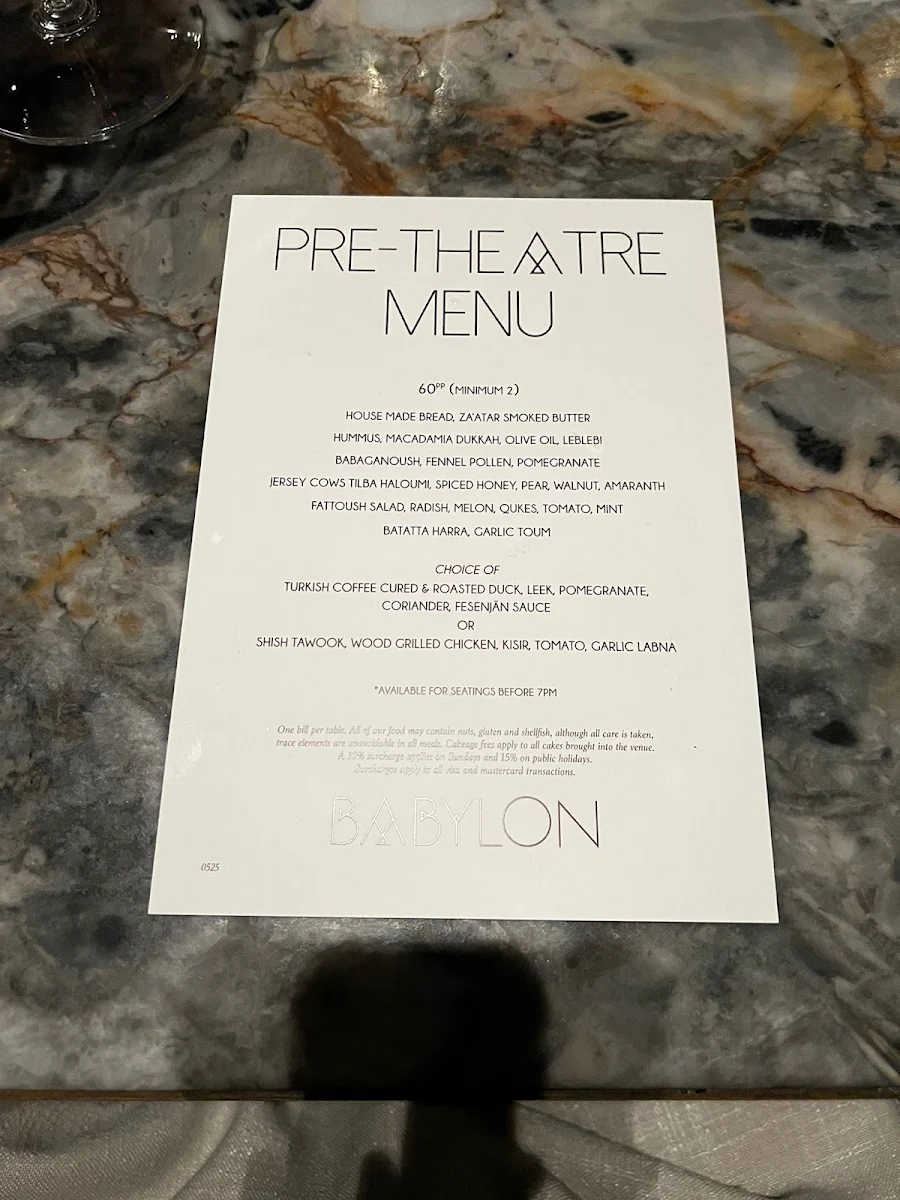 Menu, Babylon Rooftop & Garden Bar