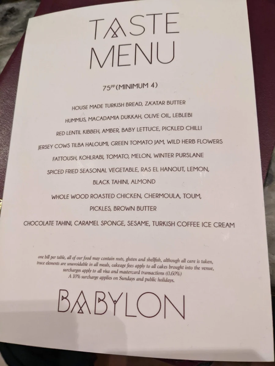 Menu, Babylon Rooftop & Garden Bar