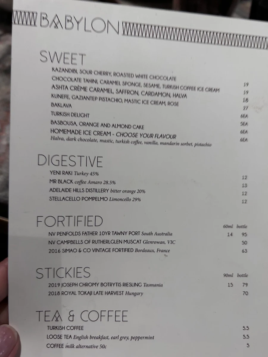 Menu, Babylon Rooftop & Garden Bar