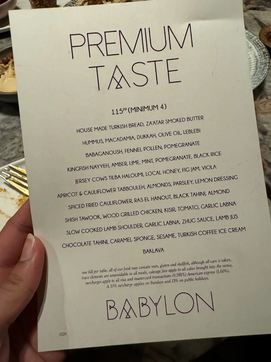 Menu, Babylon Rooftop & Garden Bar