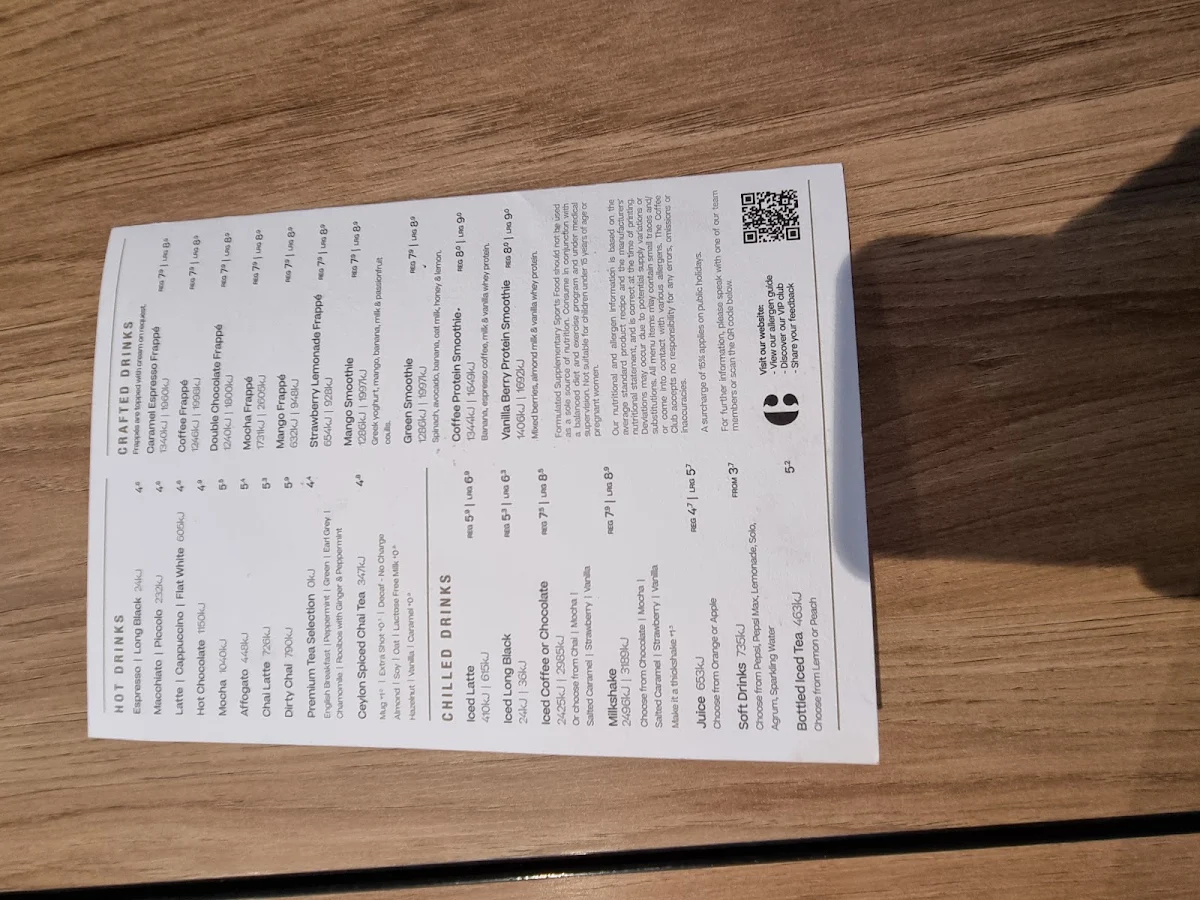 Menu, Coffee Club - Park Centre