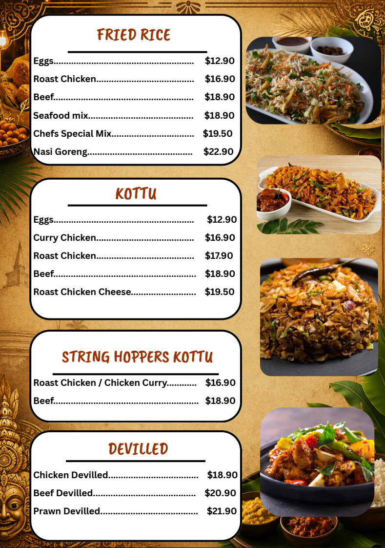 Menu, Taste of Ceylon