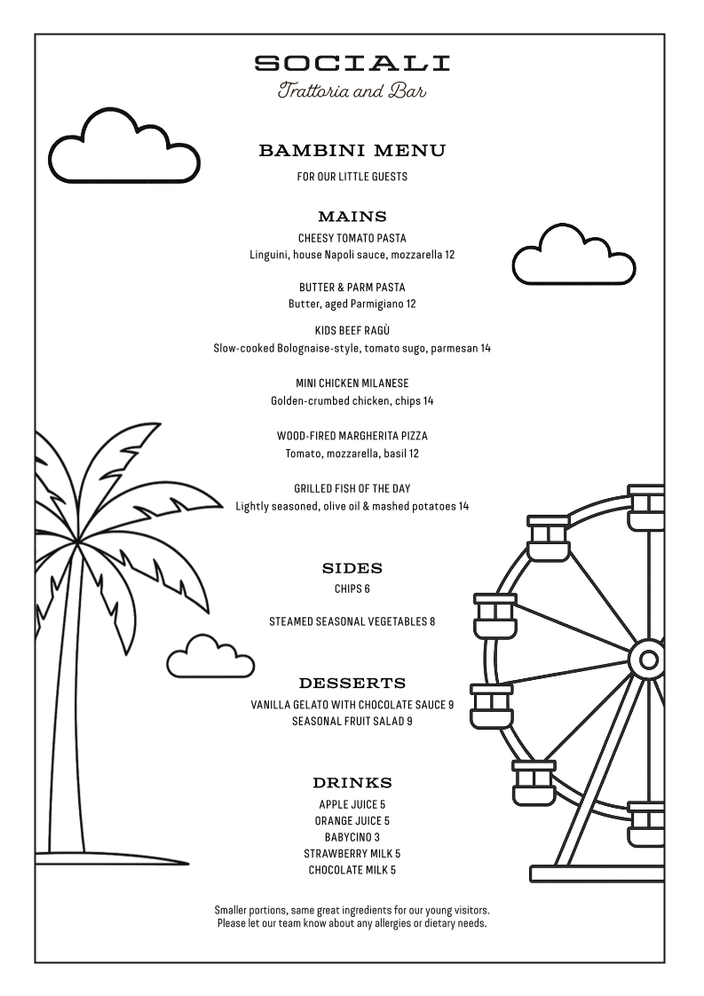 Menu, Sociali Trattoria & Bar