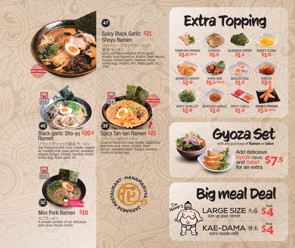 Menu, Hanamaruya Bankstown