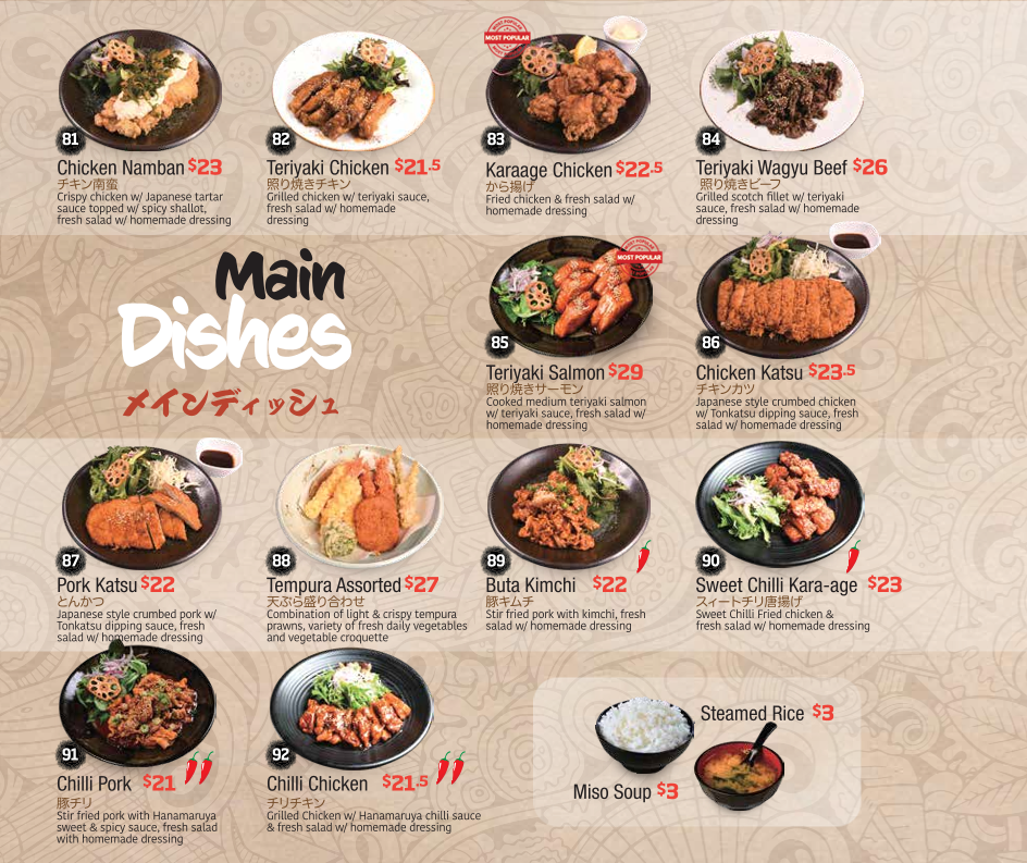 Menu, Hanamaruya Bankstown