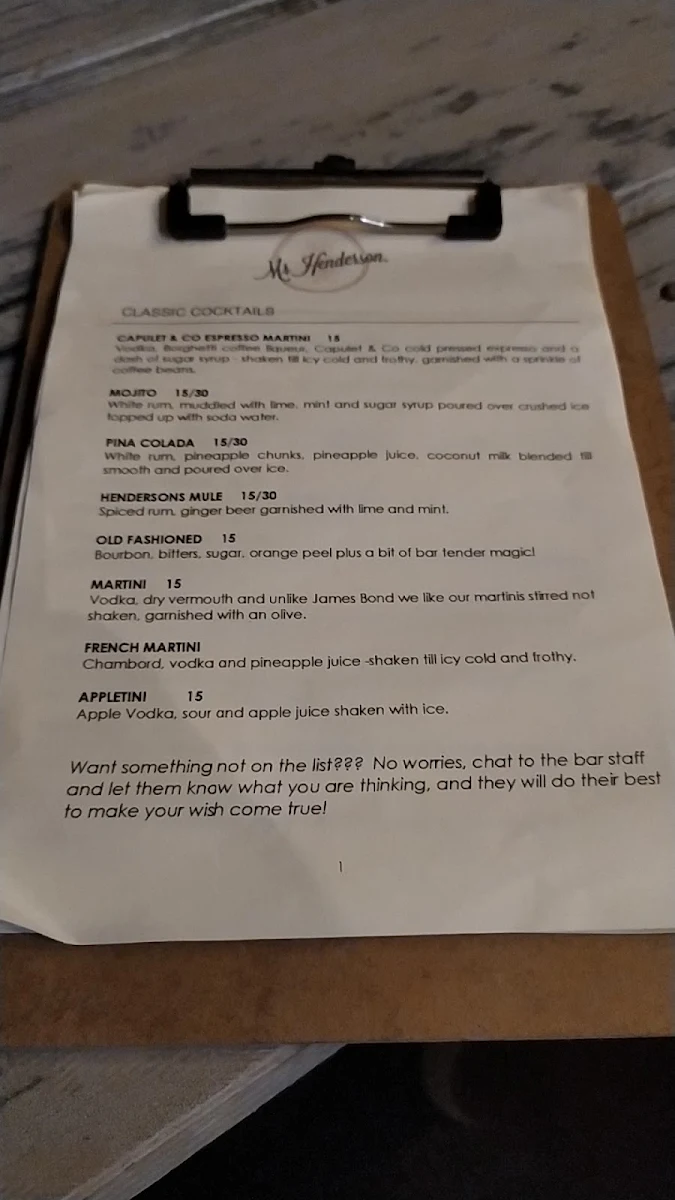 Menu, Mr Henderson