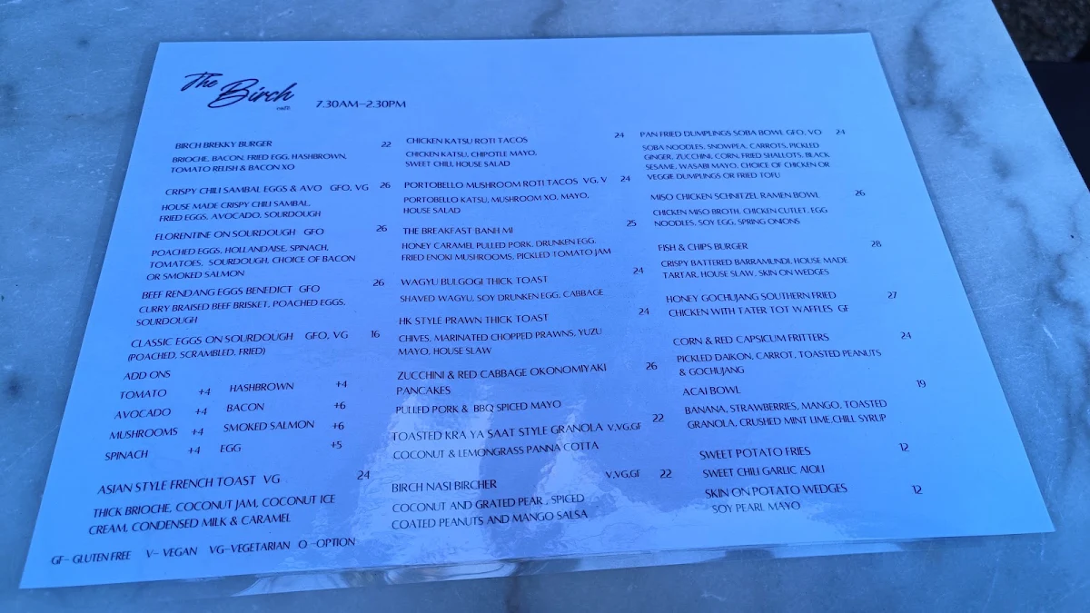 Menu, The Birch Geelong