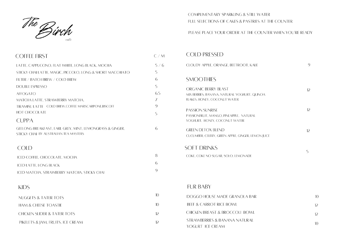 Menu, The Birch Geelong