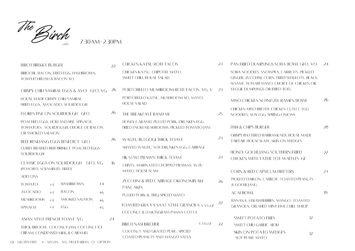 Menu, The Birch Geelong