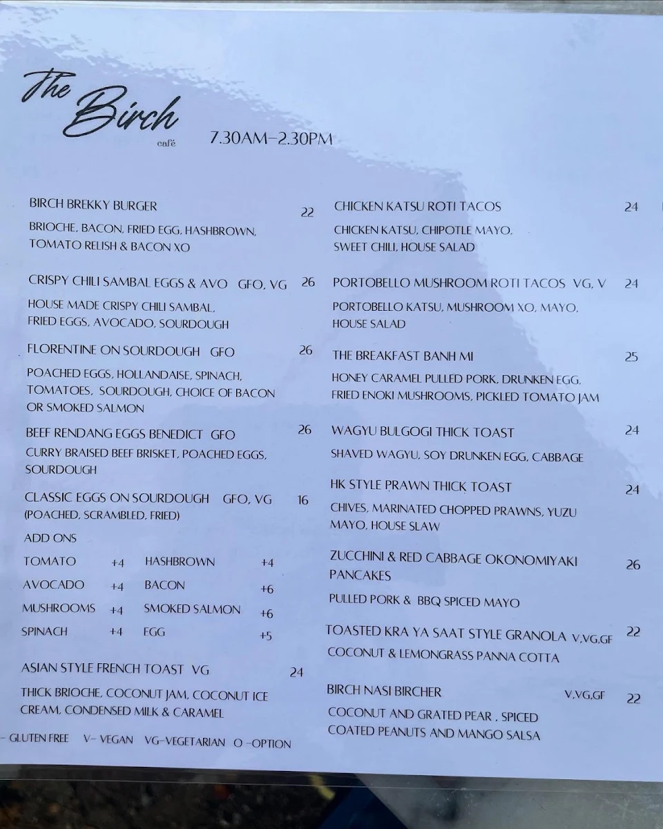 Menu, The Birch Geelong