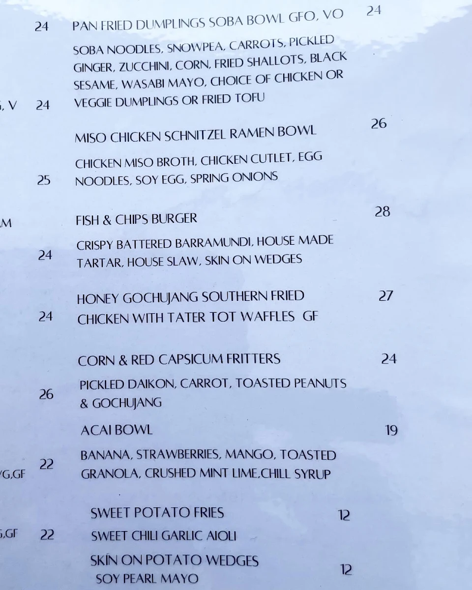 Menu, The Birch Geelong