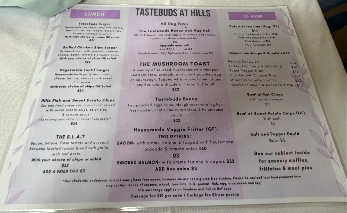 Menu, Tastebuds at the Hills