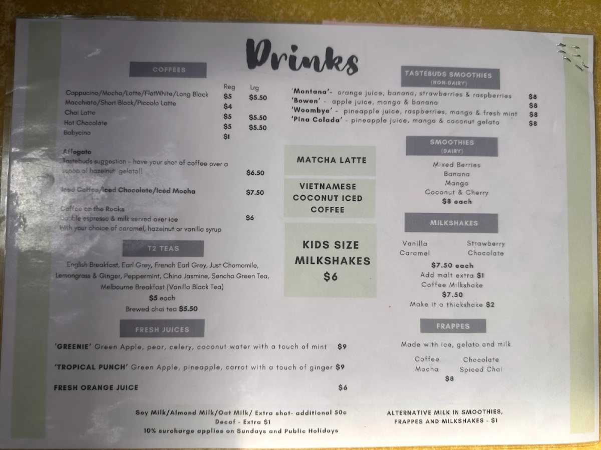 Menu, Tastebuds at the Hills
