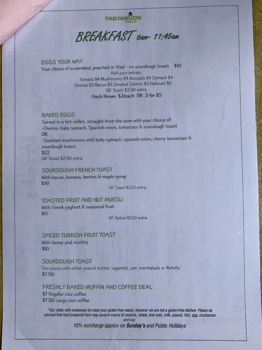 Menu, Tastebuds at the Hills
