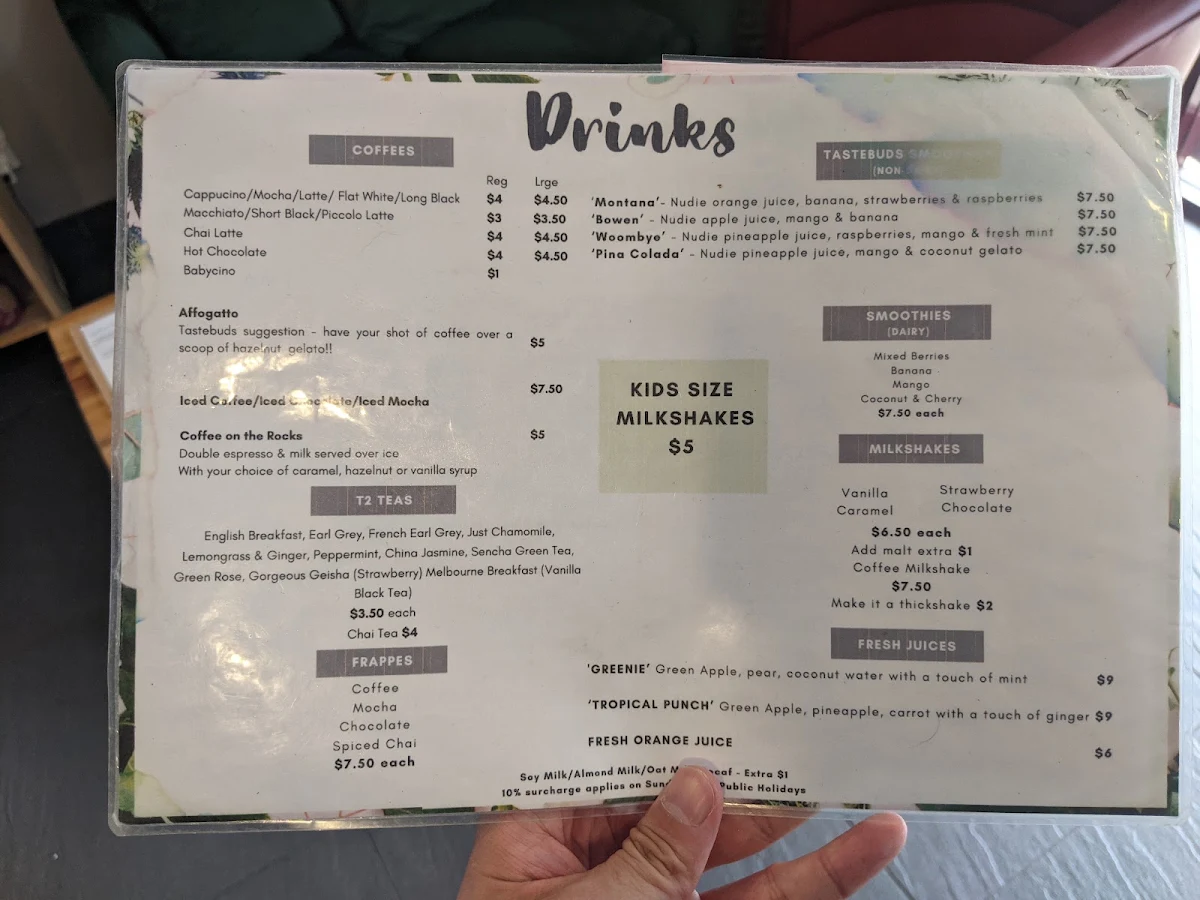 Menu, Tastebuds at the Hills