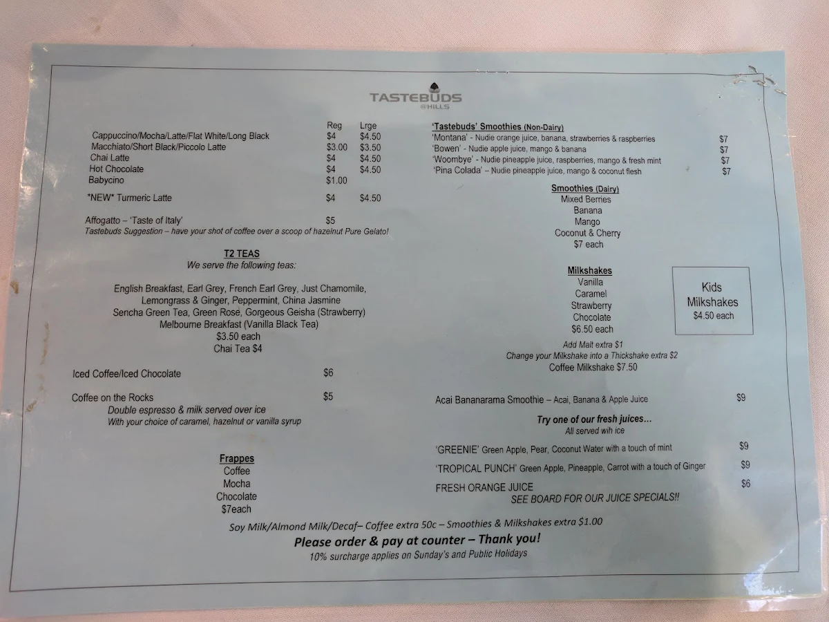 Menu, Tastebuds at the Hills