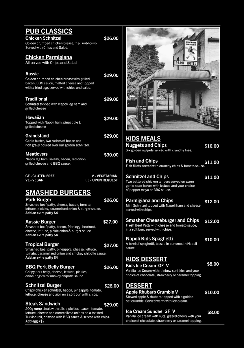 Menu, Park Hotel