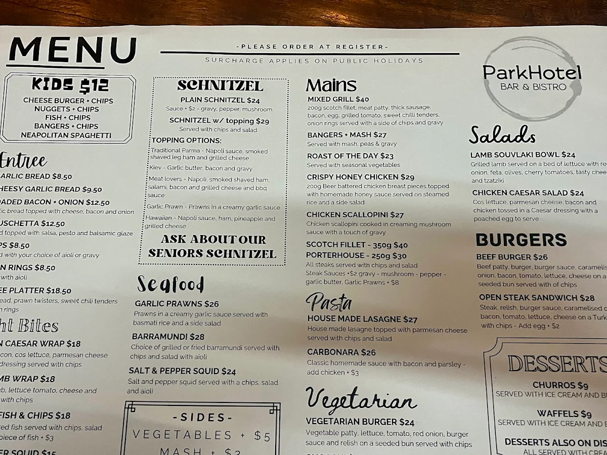 Menu, Park Hotel