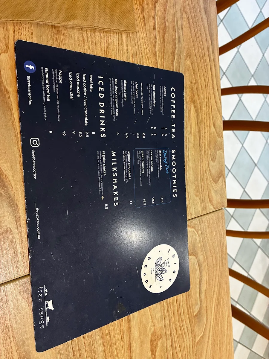 Menu, Three Beans Tweed Heads South