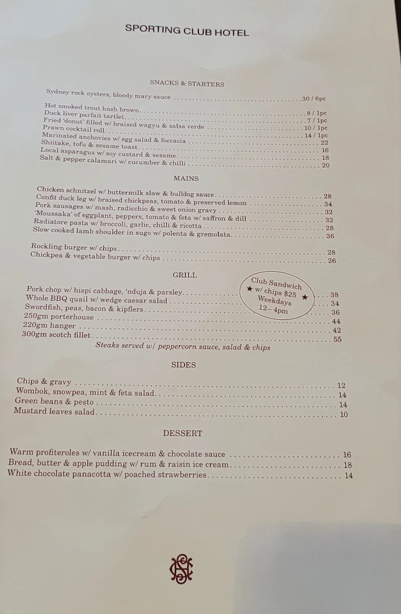 Menu, Sporting Club Hotel
