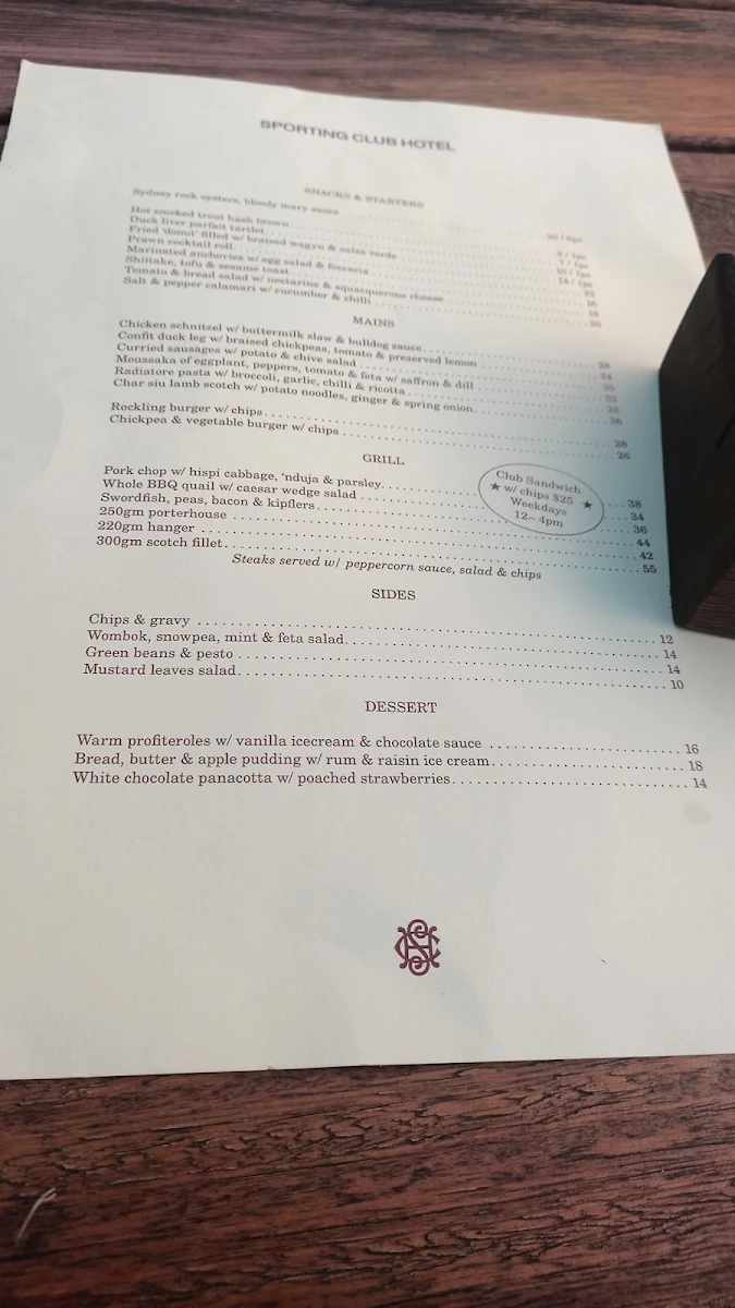 Menu, Sporting Club Hotel