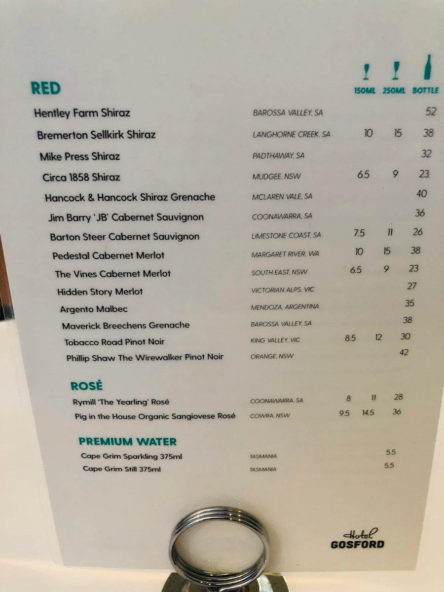 Menu, Hotel Gosford