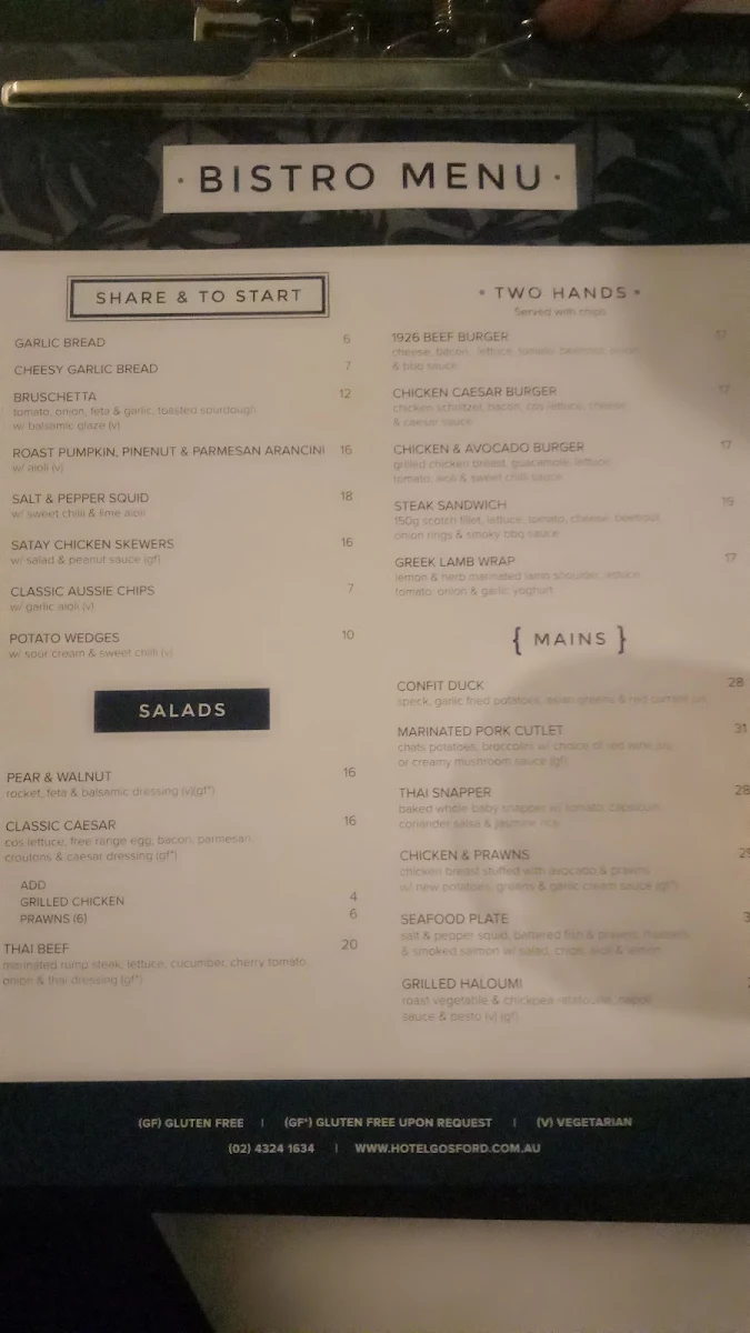 Menu, Hotel Gosford