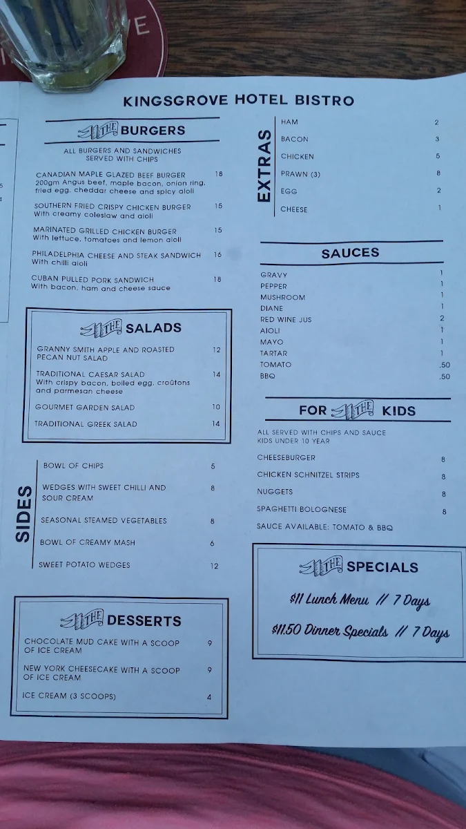 Menu, Kingsgrove Hotel