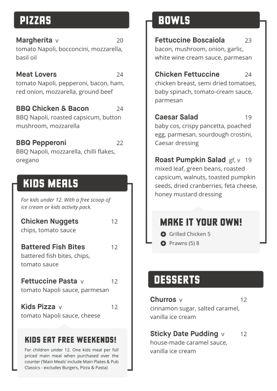 Menu, Kingsgrove Hotel