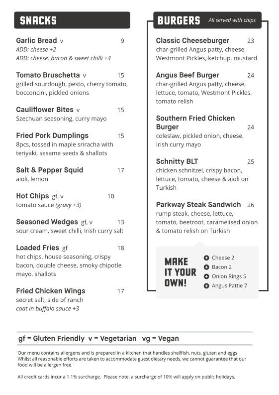 Menu, Kingsgrove Hotel