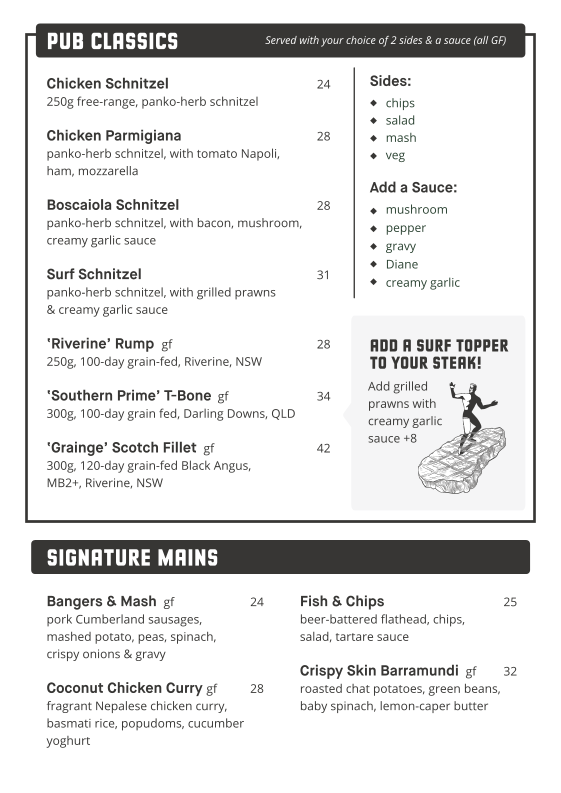 Menu, Kingsgrove Hotel