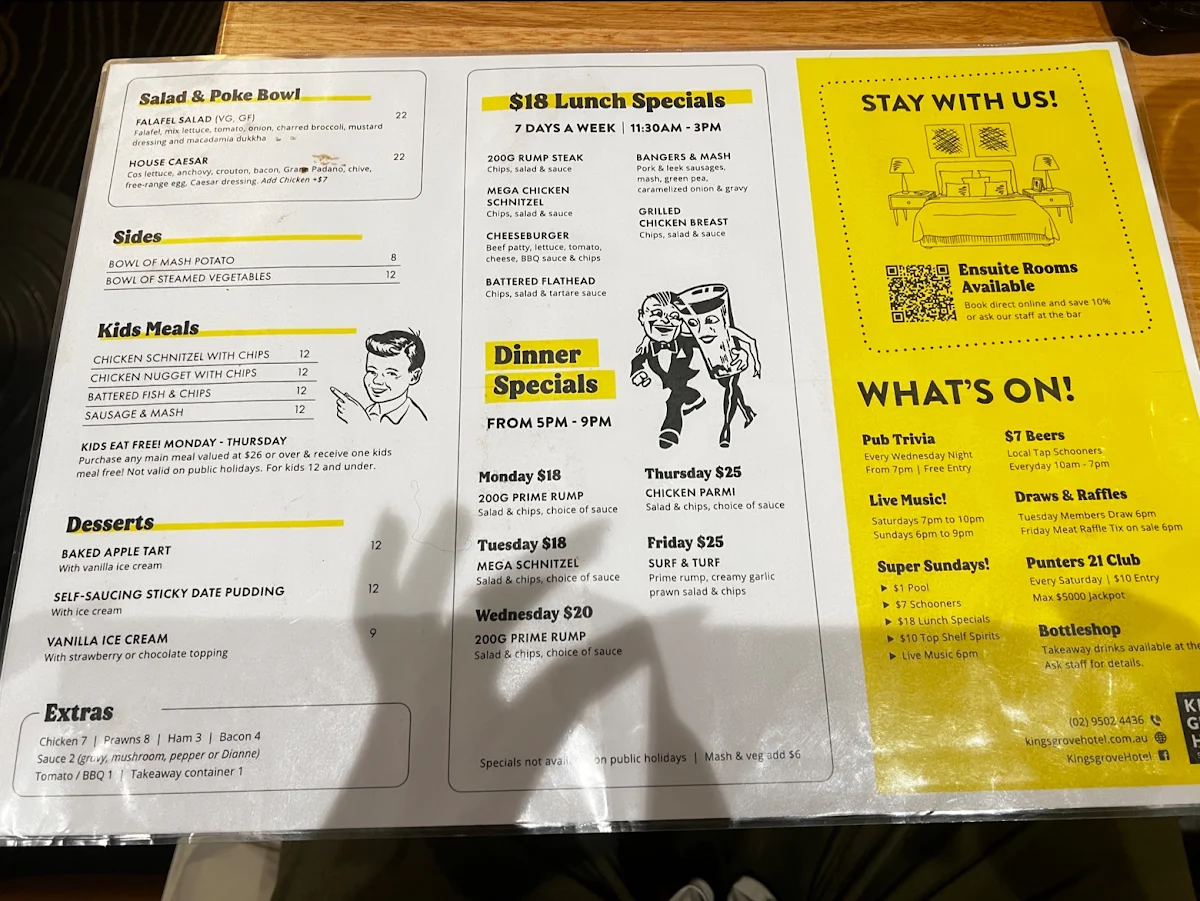 Menu, Kingsgrove Hotel