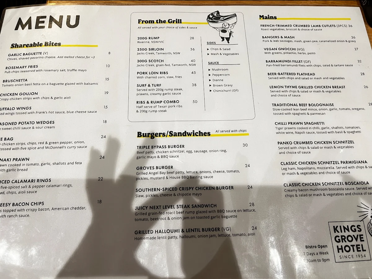 Menu, Kingsgrove Hotel